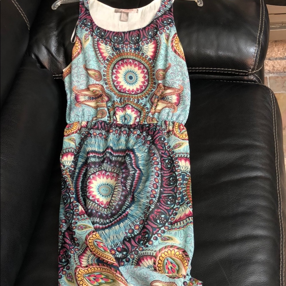 Peacock colored maxi dress.